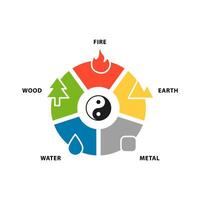 fem element. feng shui, brand, jorden, metall, vatten, trä. yin yang balans. vektor