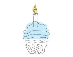 kontinuierlich einer Linie Zeichnung von Geburtstag Cupcake mit ein zündete Kerze. minimalistisch festlich Nachtisch. farbig isoliert auf Weiß. Design Element zum Einladung, drucken, Gruß, Scrapbooking vektor