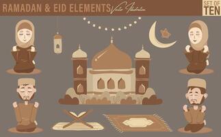 ramadan och eid element illustrationer. uppsättning av tio inkluderar fyra manlig och kvinna tecken bön, moské, halvmåne måne, lykta, fe- ljus, helig quran i en stå, och bön matta vektor