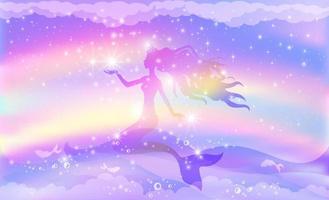 siluett av en prinsess sjöjungfru simmar i havet mot bakgrund av en regnbåge himmel med stjärnor.