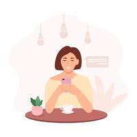 ein jung Frau mit ein Smartphone funktioniert und Getränke Kaffee. das Mädchen durchsucht das Internet, Gespräche, blogs.chat Botschaft Benachrichtigung, SMS Blasen. Illustration vektor