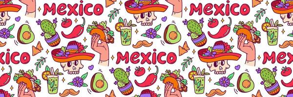 Mexiko Gekritzel nahtlos Muster. cinco de Mayo Feier Hintergrund. Mexikaner Essen Taco, Avocado Chili, Tequila, Sombrero Schädel und andere Kultur Elemente. zum Hintergrund oder Stoff. Illustration vektor