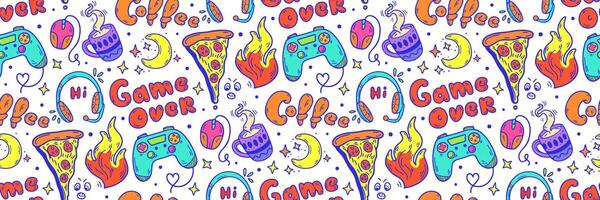 Spiel Über nahtlos Muster. Hand gezeichnet Gekritzel Teen Aktivitäten, Gamepad, Kaffee, Pizza. Spiele und Strom Kanal Hintergrund. Gadget Symbole Spielen cool drucken zum Jungs und Mädchen. Illustration vektor