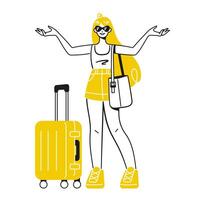 glücklich Frau mit Reise Taschen, Koffer zum Ferien Reise. lächelnd aufgeregt Mädchen im Sonnenbrille Stehen mit Sommer- Urlaub Gepäck, Gepäck. eben Illustration isoliert auf Weiß Hintergrund vektor