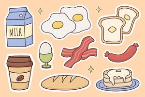 Frühstück Aufkleber Satz, verschiedene Essen, Milch, Kaffee, Toast mit Butter, Pfannkuchen, Speck, brot, Wurst, ganze Ei, gebraten Eier, Snack, Mittagessen, Illustration vektor