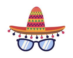 Brille mit Sombrero, Illustration. ein Spaß Mexikaner Zubehörteil zum feiern cinco de Mayonnaise, Karneval, fest, Party. cool Brille, ein Hut mit ein bunt Ball Randbereich, Muster. Hand gezeichnet Gekritzel vektor