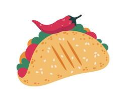 Taco Symbol. heiß würzig Snack mit Mais Tortilla, gegrillt Fleisch, Gemüse, Salat, Chili Pfeffer. lecker schnell Essen, traditionell Mexikaner Küche. eben Karikatur Gekritzel isoliert auf Weiß. zum drucken, Netz vektor
