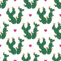 kaktus sömlös mönster. blomning taggig päron med grön stam, orange blommor, ryggar och hjärtan. inomhus- eller öken- saftig. exotisk mexikansk växt. hand dragen tecknad serie bakgrund med opuntia vektor