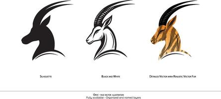 oryx ansikte endast illustration. djur- teckning. oryx detaljerad illustration. silhuett, svart och vit. organiserad och som heter skikten vektor