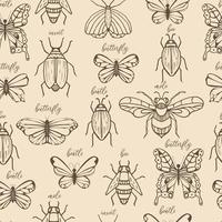 nahtloses Muster mit Insekten. Käfer, Biene, Käfer, Schmetterling, Maulwurf. Druck für Geschenkpapier, Stoff und Kleidung für Kinder. vektor