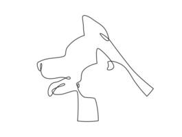 kontinuierlich Linie Zeichnung Kopf von ein Hund und Katze. Single linear dekorativ Logo, Haustier Geschäft oder Tierarzt Design. Illustration. vektor