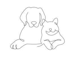 kontinuerlig linje teckning huvud av katt och hund Sammanträde tillsammans. enda linjär dekorativ logotyp, sällskapsdjur affär eller veterinär design. illustration. vektor