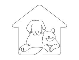 kontinuerlig linje teckning huvud av katt och hund Sammanträde tillsammans i de hus. enda linjär dekorativ logotyp, sällskapsdjur affär eller veterinär design. illustration. vektor