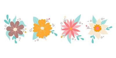 uppsättning vackra blommor i olika färger med dekorativa växtelement. vektorbild i platt stil. blomdekor för inbjudningar, vykort, klistermärken vektor