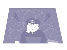 burnout man med bärbar dator skaffa sig påfrestning och sänka, mental hälsa begrepp. platt illustration. vektor