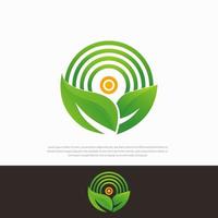 Blatt und Sonne im Kreis, Emblem des Bauernprodukts, natürliches Bio-Logo. vektor