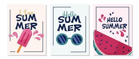 uppsättning av sommar posters med vattenmelon, solglasögon och is grädde på en vit bakgrund som platt illustrationer. de uppsättning samling skulle kunna vara Begagnade för design hälsning kort, posters eller banderoller. vektor