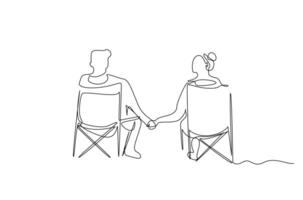Paar im Liebe Sitzung auf Stühle draußen Zuneigung Liebe Hand halt einer Linie Kunst Design vektor