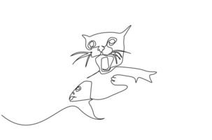 einer Katze fängt ein Fisch beißt hält im es ist Mund Linie Kunst vektor