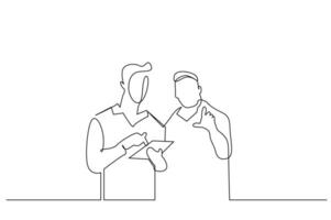 zwei männlich Angestellte zeigen Tablette planen Programm zeigen zeigen reden einer Linie Kunst Design vektor