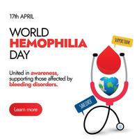 värld hemofili dag. 17:e april värld hemofili dag medvetenhet baner med ikoner av stetoskop, blod släppa och jord klot. hemofili dag baner till främja blod donation till Stöd patienter. vektor