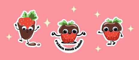 Sammlung Zeichen süß Erdbeere im Schokolade kawaii Stil Aufkleber vektor