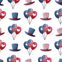 sömlös mönster för 4:e av juli USA oberoende dag med tecknad serie ballonger och topp hatt vektor