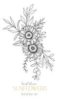 Sonnenblumen Linie Kunst, fein Linie Sonnenblumen Hand gezeichnet Illustration. fein Linie Sonnenblumen Illustration. Blumen- Linie Kunst. schwarz und Weiß Sonnenblumen Grafik vektor