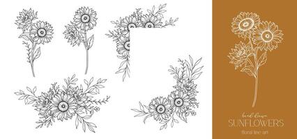 Sonnenblumen Linie Zeichnung. Sonnenblume Rahmen Linie Kunst. Blumen- rahmen. Blumen- Linie Kunst. fein Linie Sonnenblume Illustration. Hand gezeichnet Gliederung Blumen. botanisch Färbung Buchseite. Hochzeit Einladung Blumen vektor