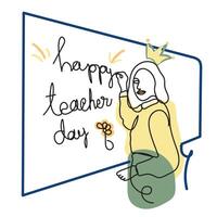 Lycklig lärares dag. en ung kvinna lärare med en whiteboard i tillfällig kläder i en kontinuerlig linje dra. isolerat bakgrund. vektor