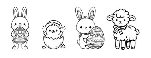 linje konst illustration av påsk tecken, Inklusive en kanin med ett ägg, en brud, och en får, idealisk för färg sida vektor