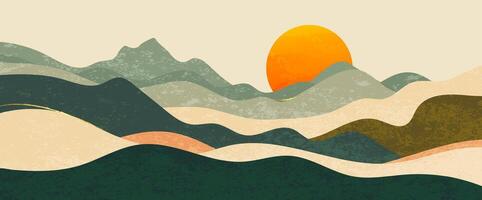 abstrakt Landschaft Sonnenaufgang Hintergrund, Hügel Erde Ton, Sonnenuntergang. minimal Berg Aussicht Illustration Design zum Banner, Innere, Drucke, Zuhause Dekor vektor