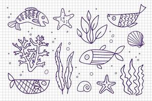 teckning av olika hav djur på papper vektor