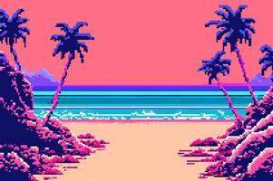 Landschaft Stadt Strand 8 Bit Pixel Kunst. abstrakt Sommer- natürlich Landschaft städtisch Landschaft Arkade Spiel Hintergrund vektor