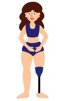 Körper positiv Konzept. Frau mit Behinderung, Prothese Bein. Mädchen im Badeanzug Stehen. Karikatur eben Illustration. vektor