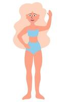 kropp positiv begrepp. Lycklig smal kvinna i blå baddräkt stående. tecknad serie platt illustration. vektor