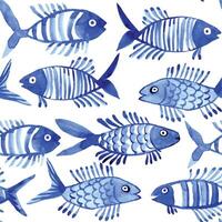 Aquarell nahtlos Muster mit Fisch. Kinder- einfach Zeichnung Blau Fisch auf ein Weiß Hintergrund. Gekritzel vektor