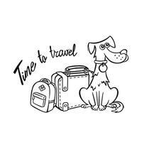 Reisen mit ein Hund, süß Haustier mit Reise Tasche. ein Hündchen ist warten zum ein Flug im Ausland, ein Unterstützung oder Therapie Tier zum ein Reisender auf Flugzeuge. Illustration im eben Stil. Illustration vektor