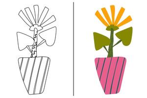 Färbung Hand gezeichnet Kamille Blume im ein Vase auf ein Weiß Hintergrund. Kinder Färbung Buch vektor