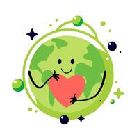 süß lächelnd Erde Planet mit Herz isoliert auf Weiß Hintergrund. Erde Tag, Welt Umgebung Tag Konzept Design. Karikatur Charakter Illustration. vektor