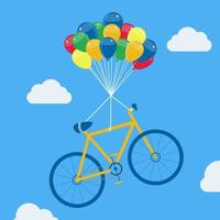 Fahrrad steigt mit Ballons. Fahrrad hängt an Heliumballons, schwebt und steigt in den Himmel. vektor