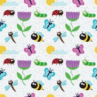 söt sömlös mönster med insekter och blommor. en design element för utskrift på tyg. bin, Nyckelpigor, fjärilar, larver, sländor och växter. tecknad serie platt illustration vektor