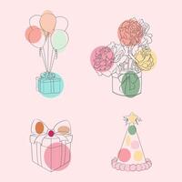 en rosa bakgrund är Utsmyckad med färgrik ballonger, en insvept gåva låda, och en festlig fest hatt. de vibrerande dekorationer skapa en glad och fest atmosfär vektor
