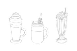 drei anders Stile von Milchshakes sind abgebildet im ein minimalistisch, handgemalt Stil, präsentieren klassisch Dessert Getränke geschmückt mit ausgepeitscht Sahne und garniert eine solche wie Erdbeere und Kekse vektor