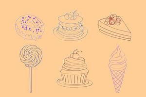 olika typer av kakor och desserter, Inklusive cupcakes, pajer, tårtor, bakverk, och Mer. varje efterrätt är unikt avbildad med invecklad detaljer och vibrerande färger vektor