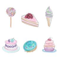 en detaljerad teckning visa upp olika typer av ljuvlig kakor och desserter, Inklusive skivor av cheesecake, cupcakes, och frukt tårtor vektor