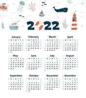 Kalender 2022 mit Meerestier. handgezeichneter Vektor