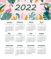 Kalender 2022 mit Tukanen, Flamingos, Kakteen, exotischen Blättern. Vektor