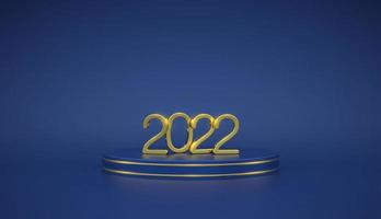 Frohes neues 2022 Jahr. 3d goldene metallische Zahlen 2022 auf blauem Bühnenpodium. Szene, 3D-Runde Plattform auf blauem Hintergrund. Banner, Web-Poster, Cover, Urlaubsvorlage. realistische Vektorgrafik. vektor