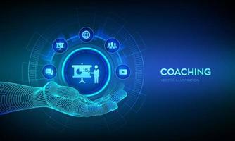 coaching ikon i robot hand. coaching och mentorskap koncept på virtuell skärm. personlig utveckling. utbildning och e-lärande. webinar, onlineutbildningar. vektor illustration.